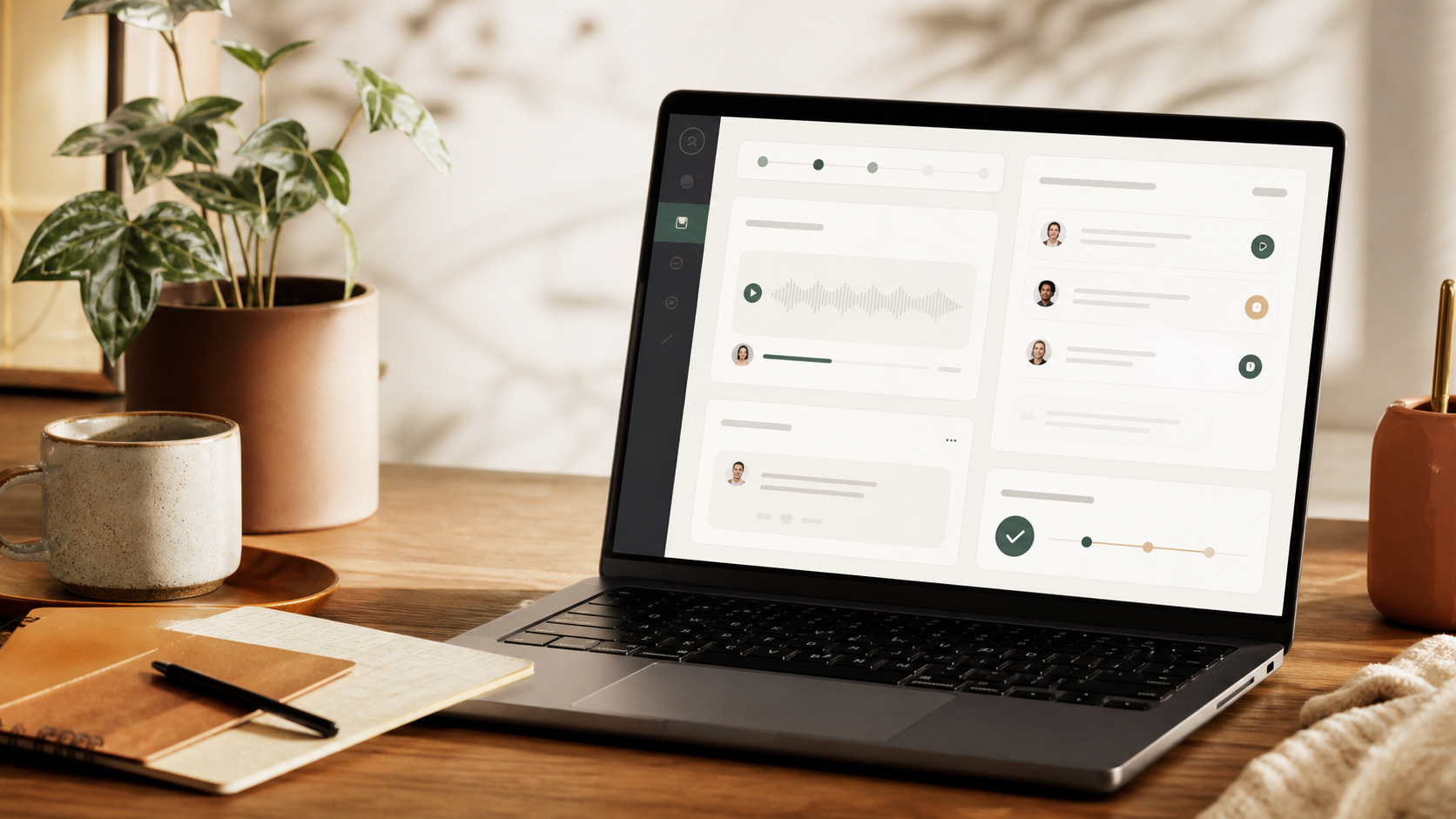 A calm async coaching dashboard on a laptop