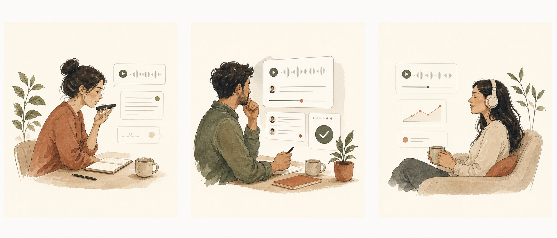 Three illustrations of an async coaching workflow