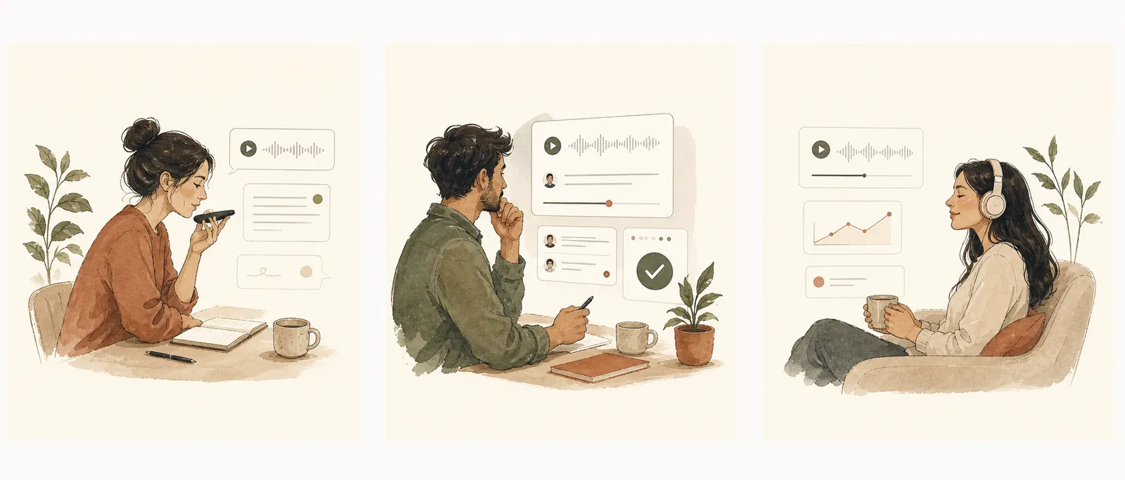 Three illustrations of an async coaching workflow